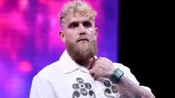 Jake Paul looks on at a news conference about his exhibition match with Gervonta "Tank" Davis.