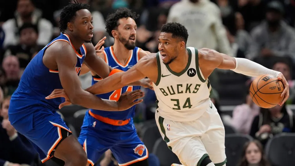 Giannis Antetokounmpo during a game against the Knicks. (Getty Images)