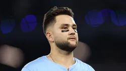 Bo Bichette reacts after the third out during the sixth inning against the Los Angeles Dodgers on October 31, 2025 in Toronto.