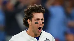 Ernie Clement reacts after scoring a run against the Los Angeles Dodgers on November 01, 2025 in Toronto.