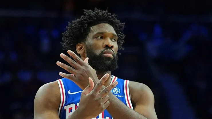 Joel Embiid #21 of the Philadelphia 76ers reacts.