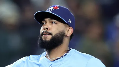 Seranthony Dominguez celebrates on the field after defeating the Seattle Mariners on October 16, 2025 in Seattle.