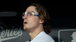 Enrique Hernandez looks on from the dugout after hitting a home run on October 29, 2025 in Los Angeles.