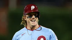 Harrison Bader smiles during a game against the Braves on August 28, 2025 in Philadelphia.