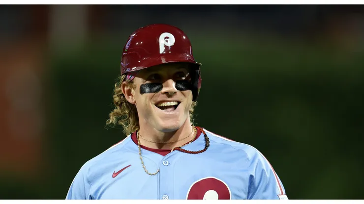Harrison Bader smiles during a game against the Braves on August 28, 2025 in Philadelphia.