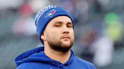 Bo Bichette looks on before game three of the ALCS on October 15, 2025 in Seattle.