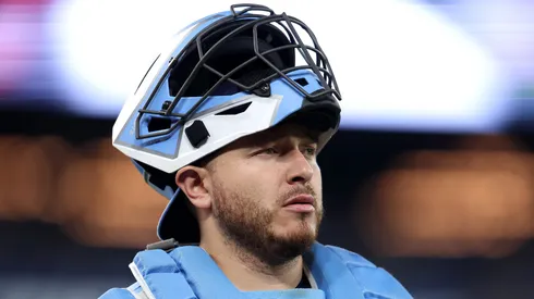 Alejandro Kirk looks on vs the Dodgers during the 2025 World on October 31, 2025 in Toronto.