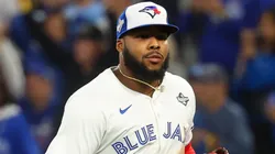 Vladimir Guerrero Jr. #27 of the Blue Jays reacts after the third out to end the inning against the Dodgers.
