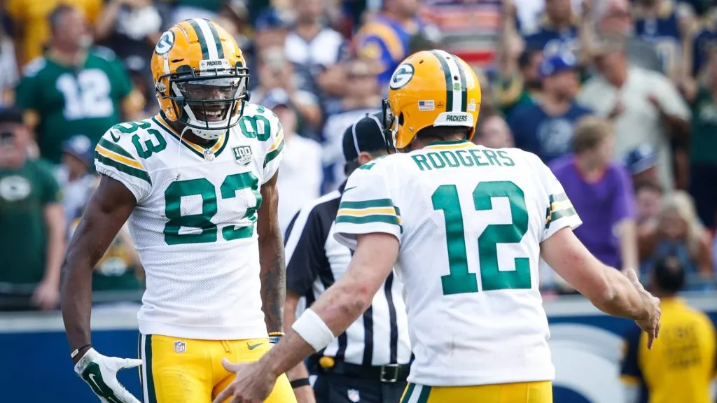 Marquez Valdes-Scantling celebrates a touchdown with Aaron Rodgers in 2018.