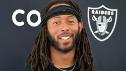 Jakobi Meyers smiles at a press conference.