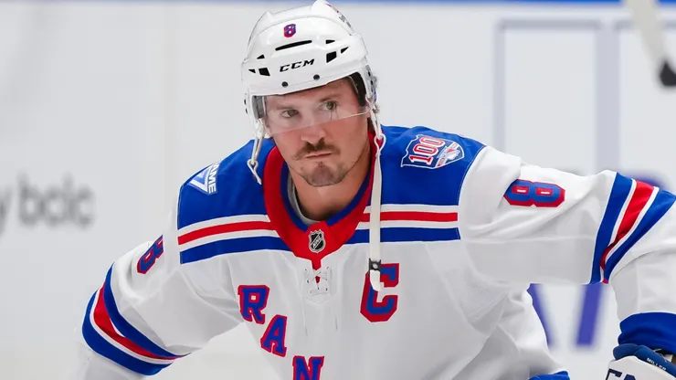 J.T. Miller #8 of the New York Rangers stretches prior to NHL action.