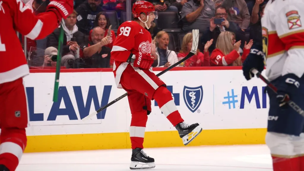 Patrick Kane #88 of the Detroit Red Wings celebrates his goal. Gregory Shamus/Getty Images