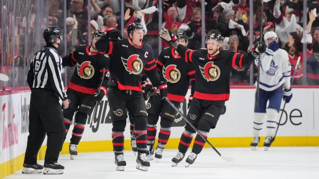 Brady Tkachuk (#7) of the Senators celebrates his goal against the Maple Leafs last season. Chris Tanouye/Freestyle Photography/Getty Images