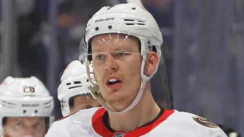 Brady Tkachuk #7 of the Ottawa Senators celebrates a goal.