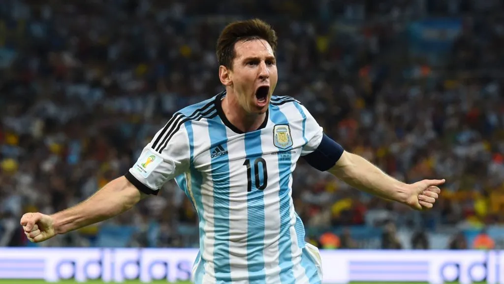 Messi celebrates a goal at the 2014 World Cup.