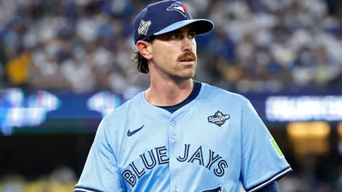 Shane Bieber (#57) of the Toronto Blue Jays looks on after the end of the inning.