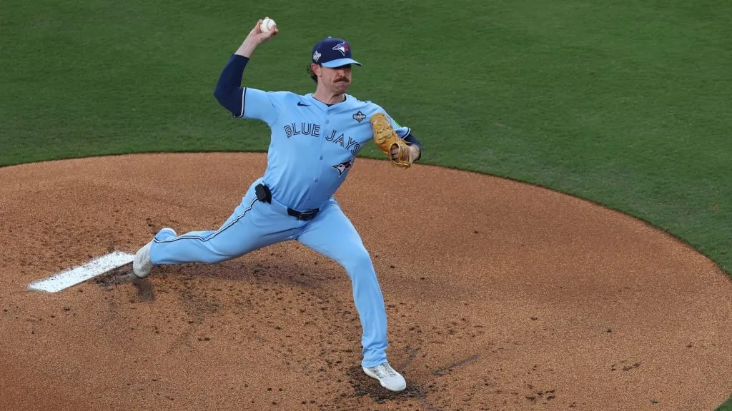 Shane Bieber #57 of the Blue Jays throws a pitch in the first inning against the Dodgers in game four of the World Series.  Patrick Smith/Getty Images
