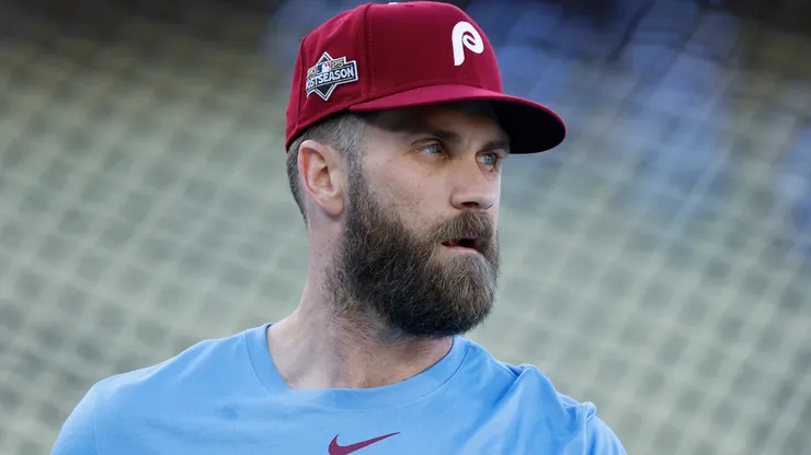 Bryce Harper #3 of the Philadelphia Phillies looks on during batting practice.