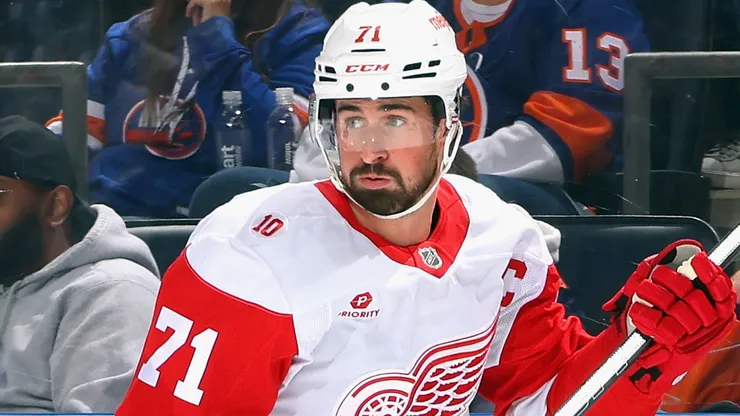 Dylan Larkin (#71) of the Red Wings looks on from the ice.