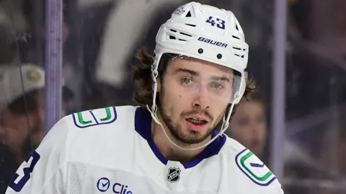 Quinn Hughes at T-Mobile Arena on December 19, 2024 in Las Vegas, Nevada.