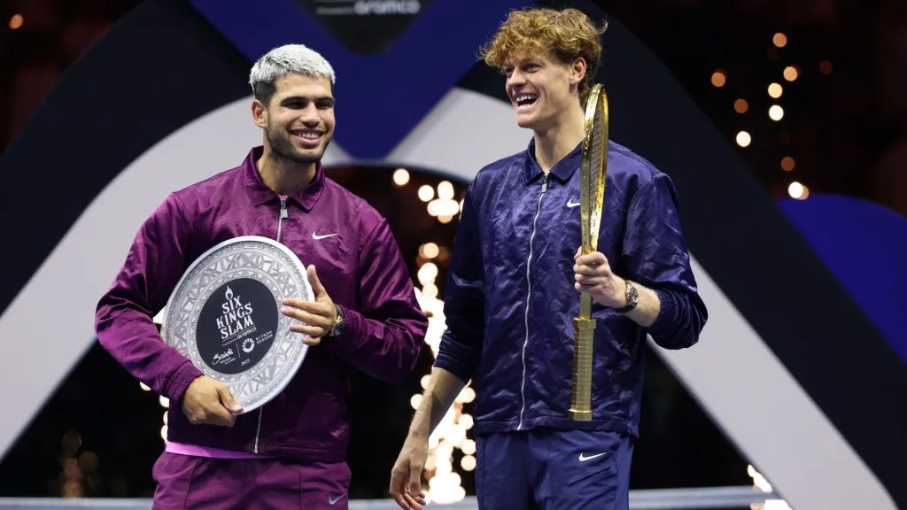 Carlos Alcaraz and Jannik Sinner during the Six Kings Slam. (Getty Images)
