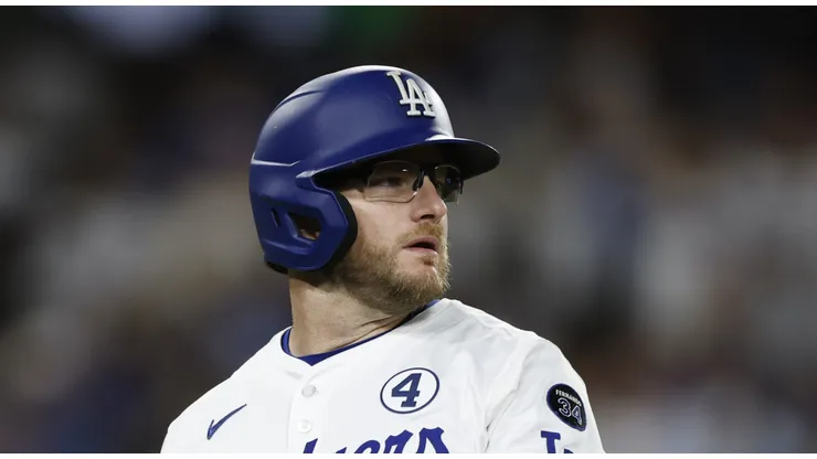 Max Muncy reacts to his fly out on June 02, 2025 in Los Angeles, California.