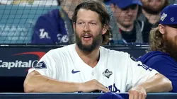 Clayton Kershaw #22 of the Los Angeles Dodgers looks on from the dugout.