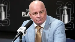 Head coach Jim Montgomery of the St. Louis Blues speaks to the media.