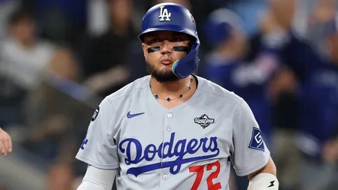 Miguel Rojas #72 of the Los Angeles Dodgers reacts after striking out.