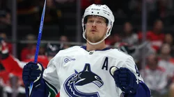 Elias Pettersson #40 of the Vancouver Canucks celebrates after scoring a goal.