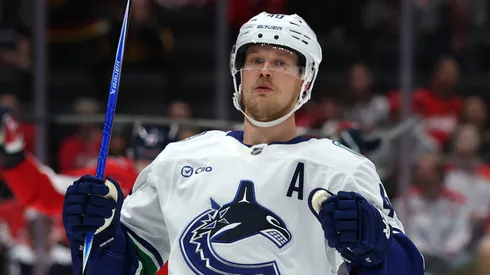 Elias Pettersson #40 of the Vancouver Canucks celebrates after scoring a goal.