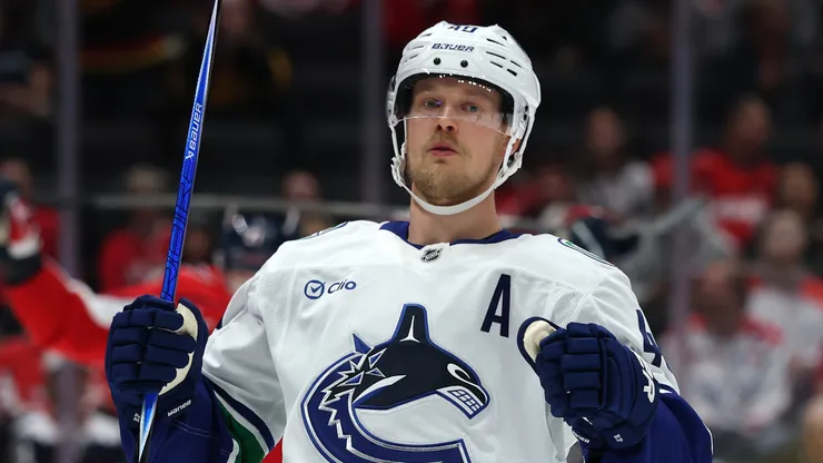 Elias Pettersson #40 of the Vancouver Canucks celebrates after scoring a goal.