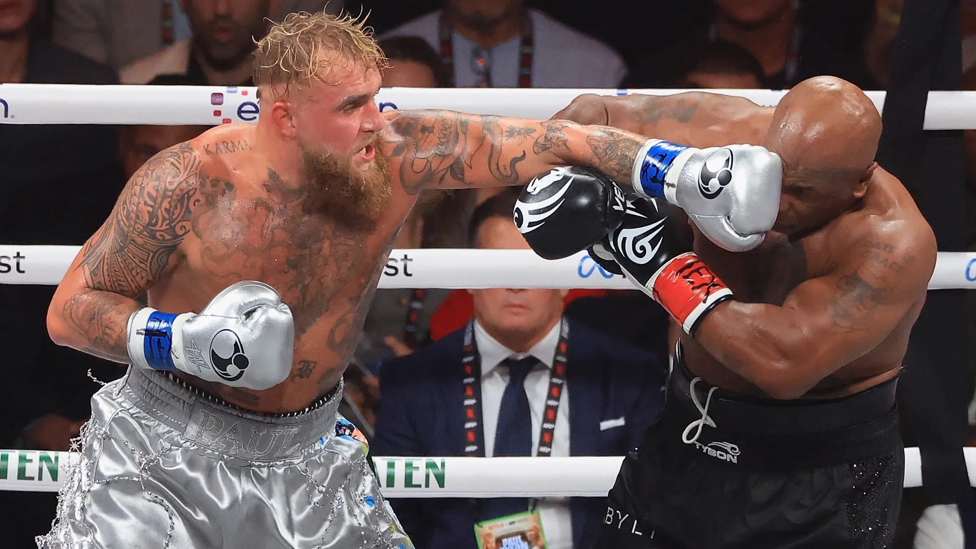 Jake Paul throws a left on Mike Tyson during a heavyweight bout. Christian Petersen/Getty Images