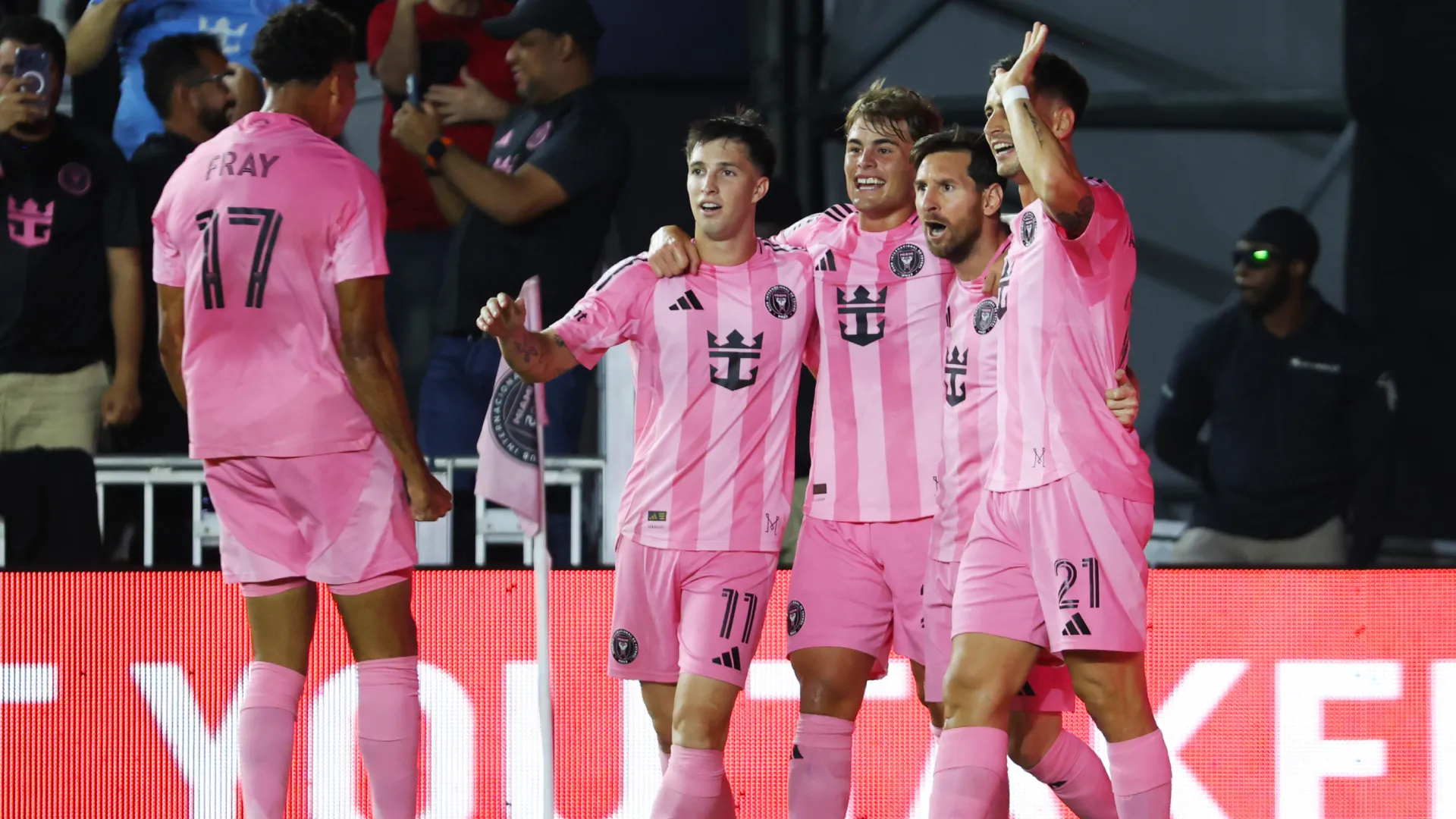 Lionel Messi celebrates with teammates his first goal against Nashvile. (Getty Images)