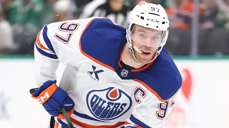 Connor McDavid #97 of the Edmonton Oilers advances the puck.
