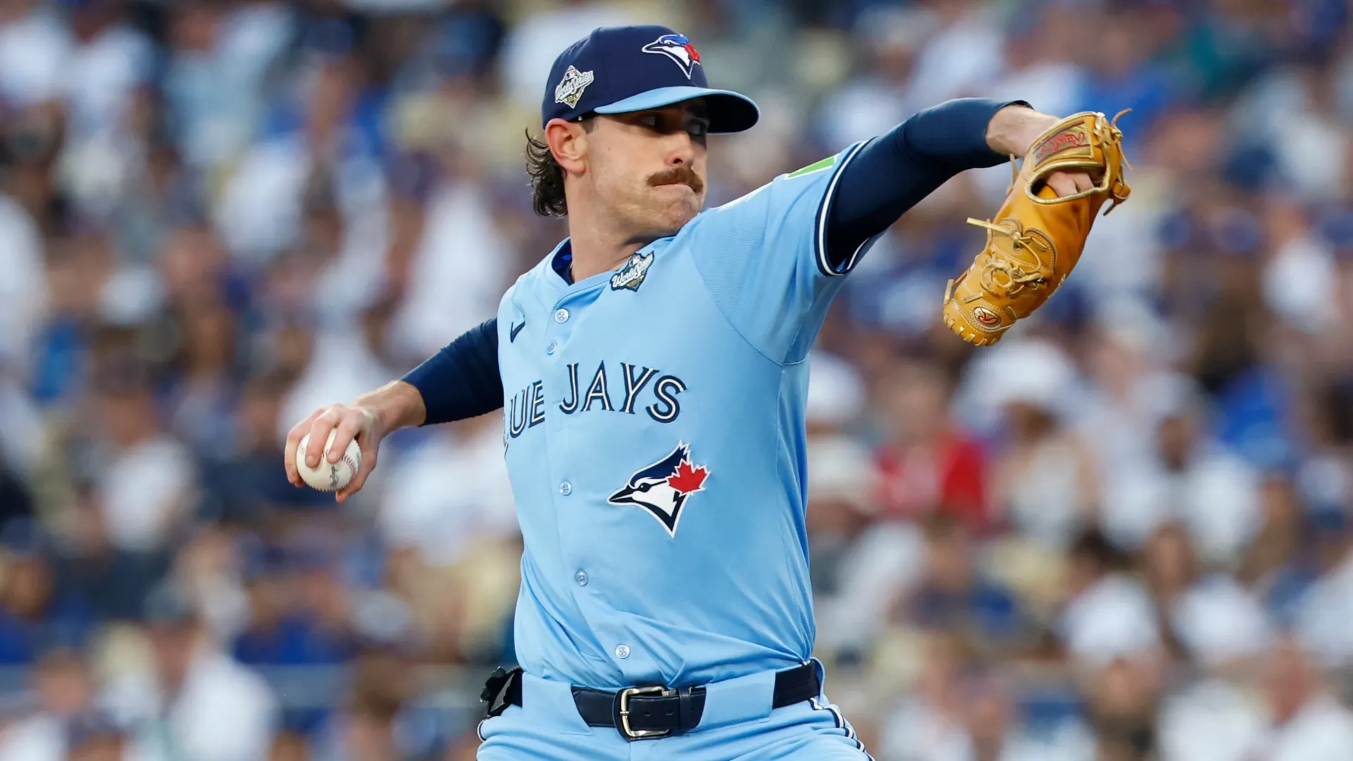 Shane Bieber #57 of the Toronto Blue Jays throws a pitch in the 2025 World Series at Dodger Stadium. Harry How/Getty Images