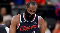 James Harden #1 of the LA Clippers grimaces.