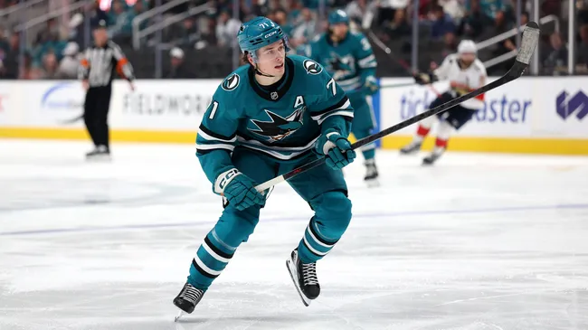 Macklin Celebrini #71 of the Sharks in action against the Panthers. Ezra Shaw/Getty Images