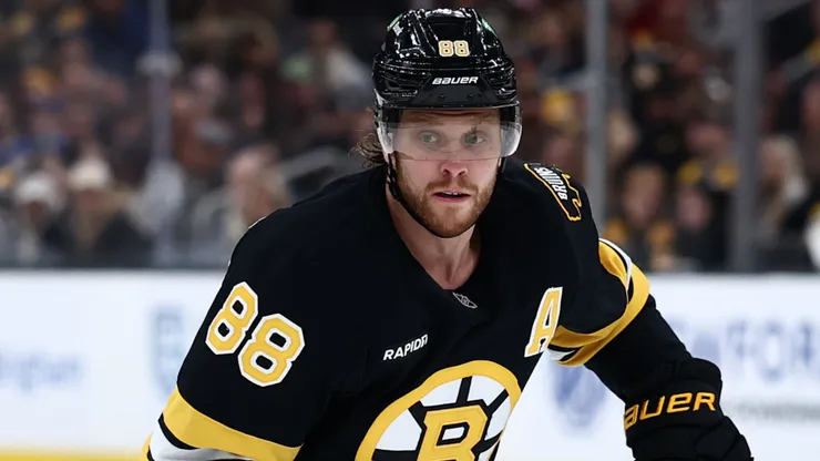 David Pastrnak #88 of the Boston Bruins skates with the puck.