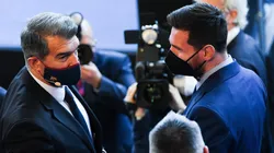 FC Barcelona President Joan Laporta and Lionel Messi speak.