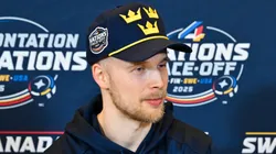Elias Pettersson during a press conference ahead of the 4 Nations Face-Off.