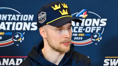 Elias Pettersson during a press conference ahead of the 4 Nations Face-Off.
