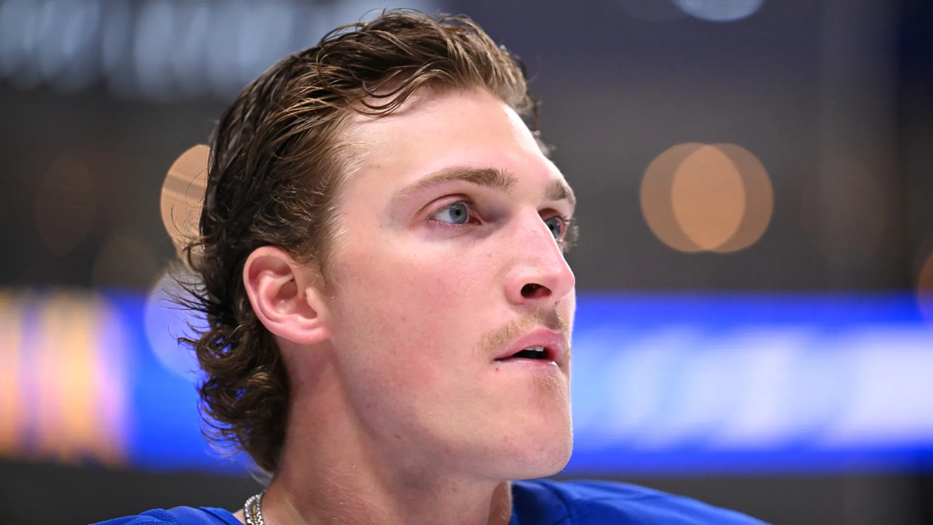 Tage Thompson during warmups