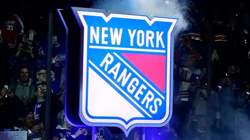New York Rangers logo during a banner-raising ceremony