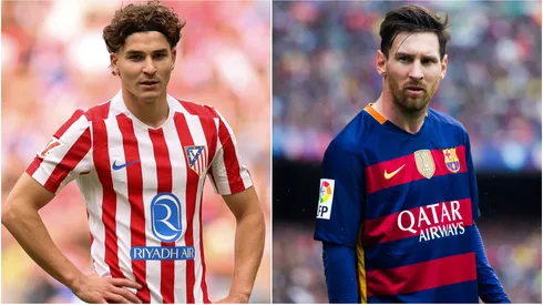 Julian Alvarez of Atletico Madrid and Lionel Messi during his time with Barcelona.
