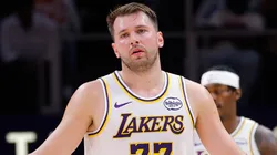 Luka Doncic #77 of the Los Angeles Lakers reacts.