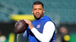 Russell Wilson #3 of the New York Giants warms up.