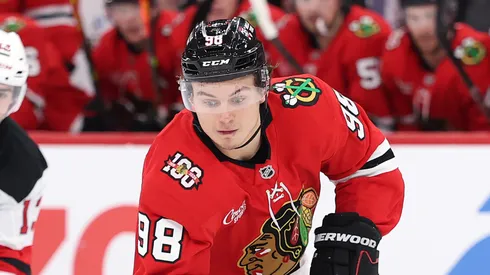 .Connor Bedard #98 of the Chicago Blackhawks at the United Center