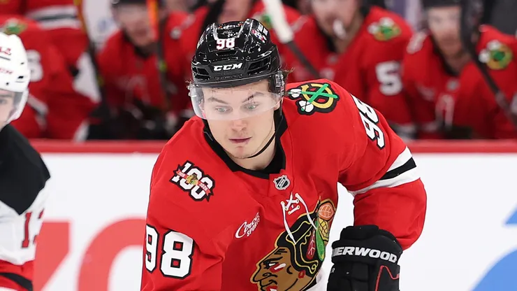 .Connor Bedard #98 of the Chicago Blackhawks at the United Center