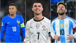 Kylian Mbappe (left), Cristiano Ronaldo (middle), and Lionel Messi (right)